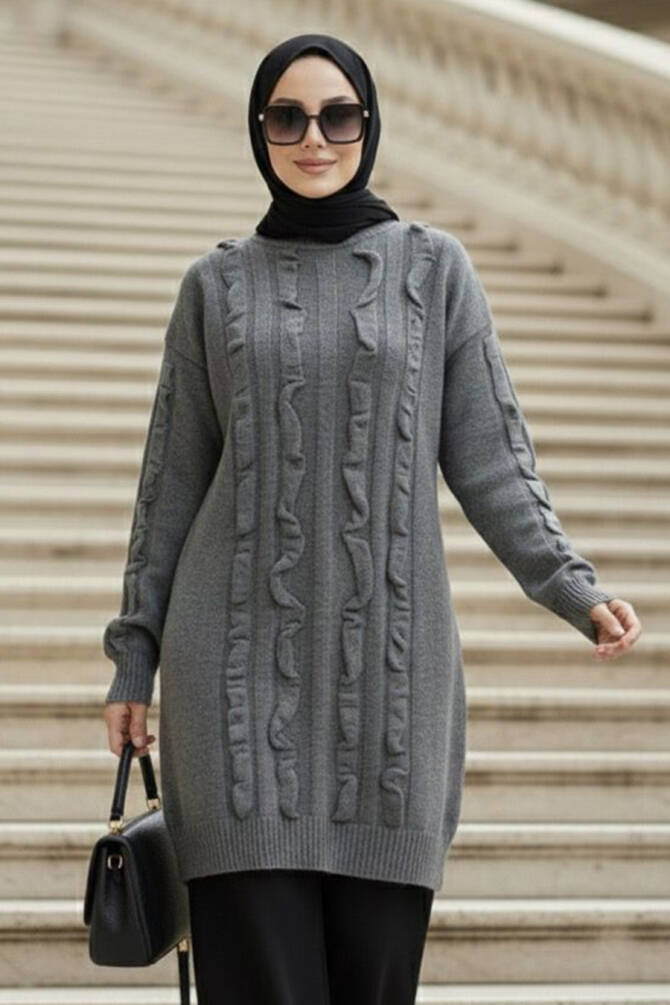 Füme Tesettür Triko Kazak Tunik 87703FU - N.S NEVA STYLE