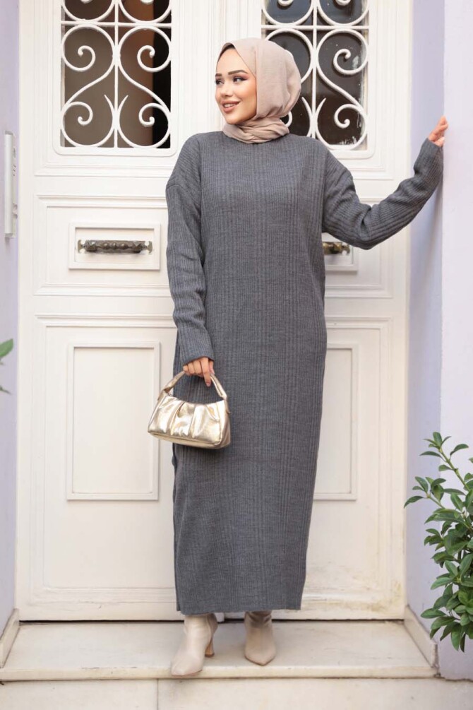 Füme Triko Tesettür Elbise 27504FU - N.S NEVA STYLE