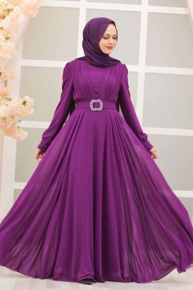 Neva Style - Modern Fushia Hijab Evening Dress 27690F - 3