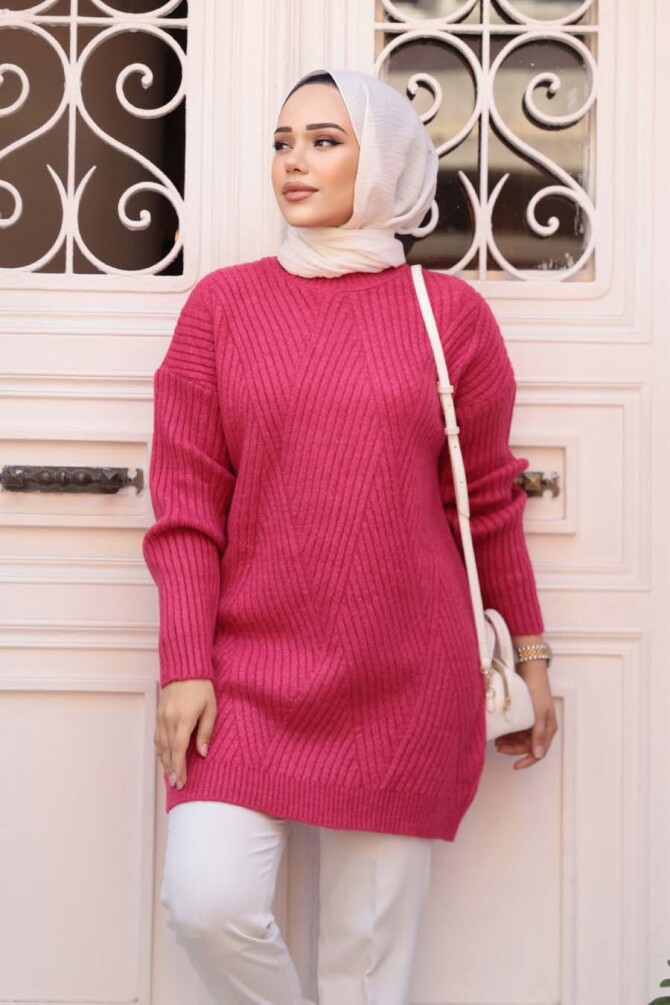 Fuşya Tesettür Triko Kazak Tunik 7852F - 2