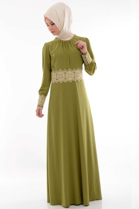FY Collection - Dantel Detaylı Yeşil Tesettür Elbise 5049