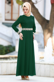 Nayla Collection - Dantel Detaylı Yeşil Tesettür Elbise 51983-01Y - Thumbnail