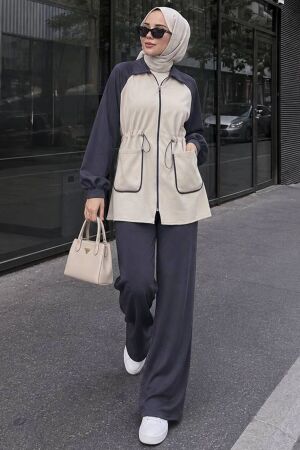 Contrast-Trim Zip-Detail Oysho Anthracite Modest Trouser Set 10417ANT 