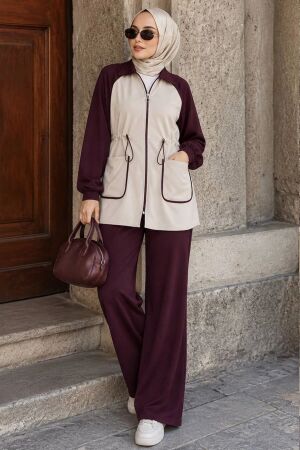 Contrast-Trim Zip-Detail Oysho Burgundy Modest Trouser Set 10417BR 