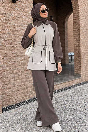 Contrast Trim Zip Detail Oysho Mink Modest Trouser Set 10417V 