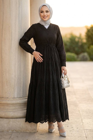 Gather Waist-Detail Eyelet Black Modest Dress 50082S - 1