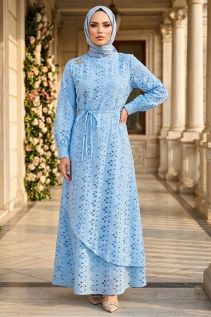 Gather Waist-Detail Eyelet Blue Modest Dress 49761M - 1