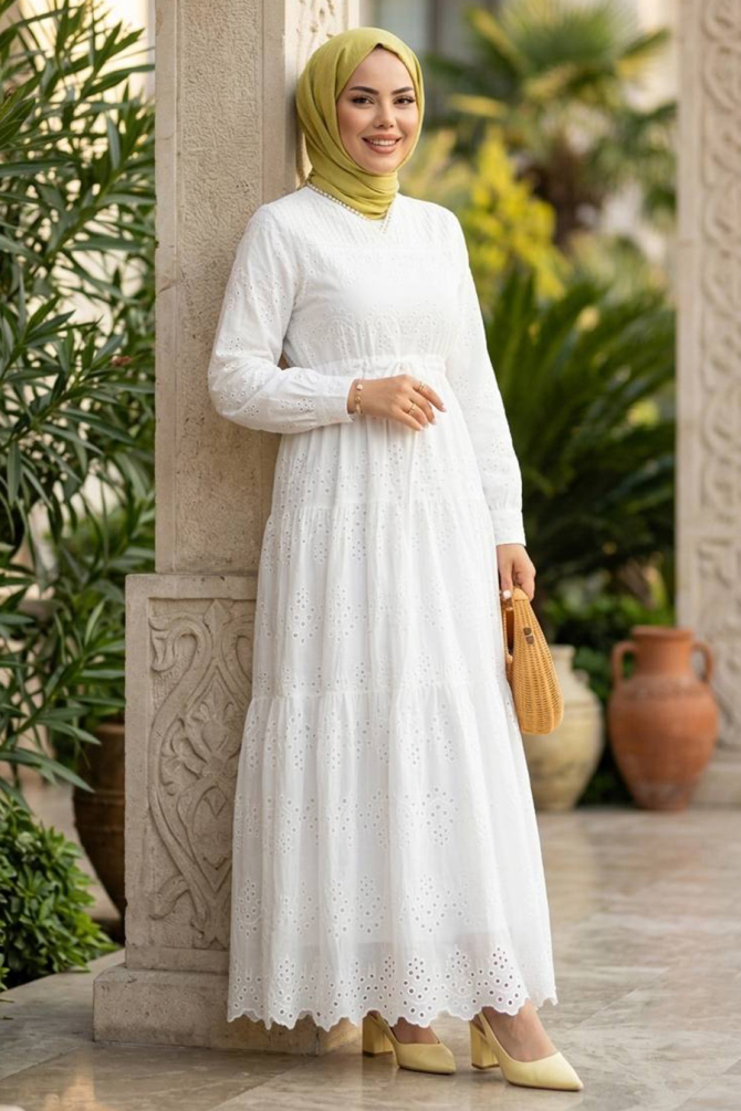 Gather Waist-Detail Eyelet White Modest Dress 50082B - 1