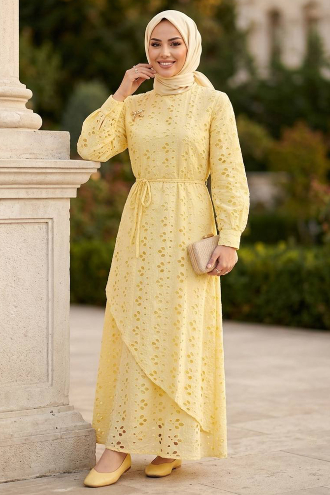 Gather Waist-Detail Eyelet Yellow Modest Dress 49761SR - 1