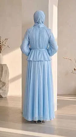 Gathered Collar Peplum Iridescent Chiffon Baby Blue Modest Two-Piece Set 82902BM - 2