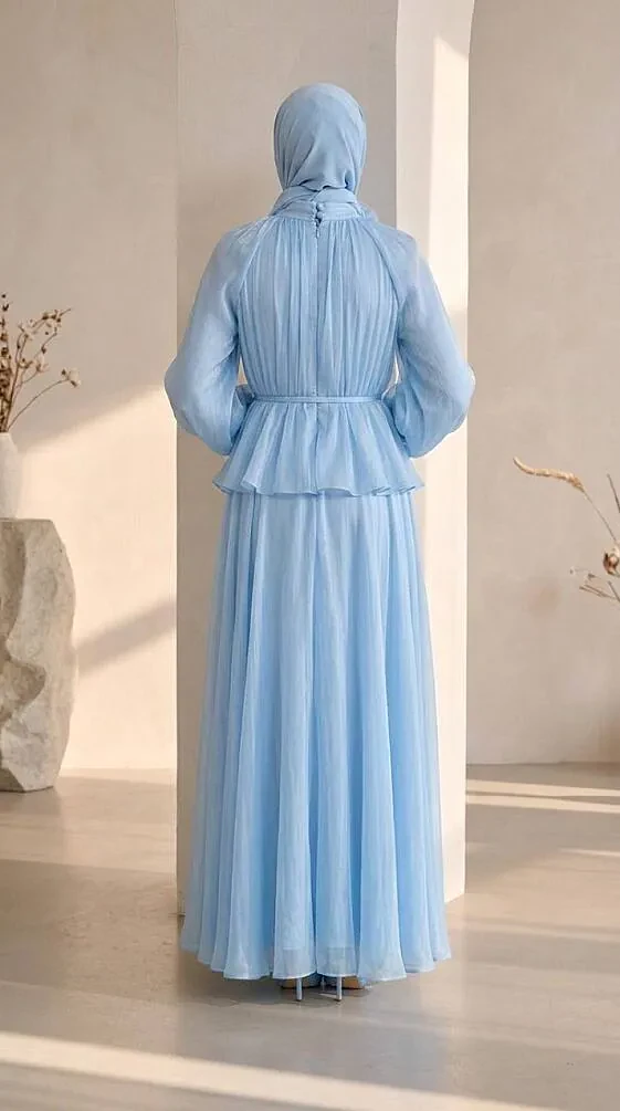 Gathered Collar Peplum Iridescent Chiffon Baby Blue Modest Two-Piece Set 82902BM - 2