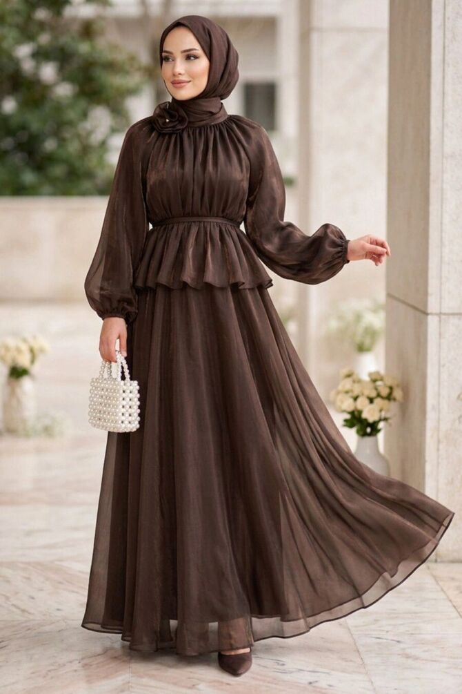 Gathered Collar Peplum Iridescent Chiffon Brown Modest Two-Piece Set 82902KH - 1