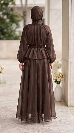 Gathered Collar Peplum Iridescent Chiffon Brown Modest Two-Piece Set 82902KH - 2