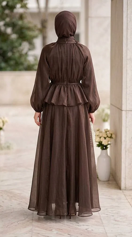 Gathered Collar Peplum Iridescent Chiffon Brown Modest Two-Piece Set 82902KH - 2