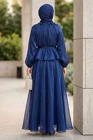 Gathered Collar Peplum Iridescent Chiffon Navy Blue Modest Two-Piece Set 82902L - 2