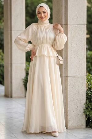 Gathered Collar Peplum Iridescent Chiffon Stone Modest Two-Piece Set 82902TAS 
