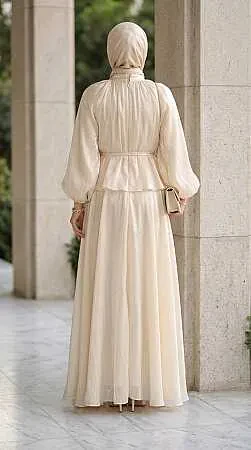 Gathered Collar Peplum Iridescent Chiffon Stone Modest Two-Piece Set 82902TAS - 2