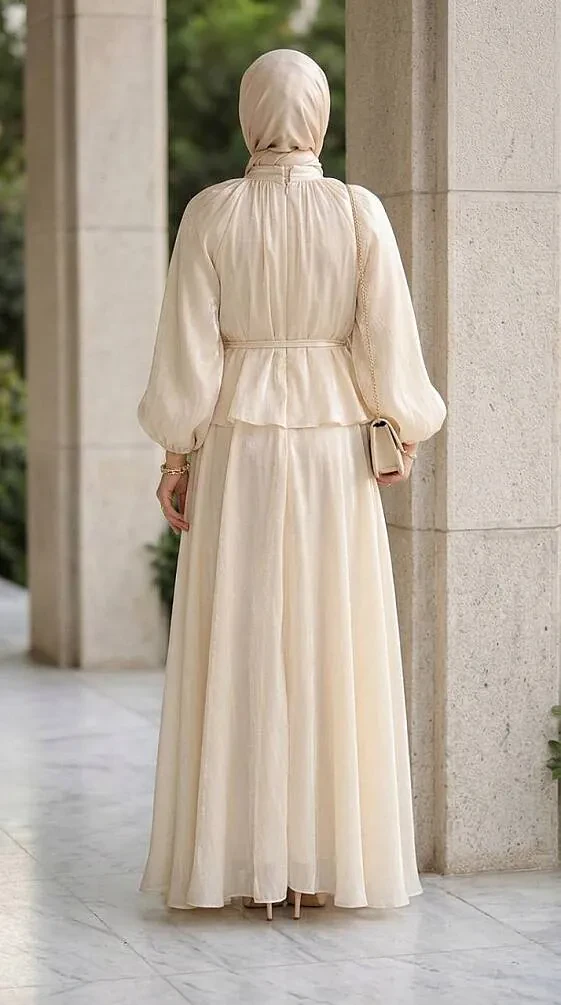 Gathered Collar Peplum Iridescent Chiffon Stone Modest Two-Piece Set 82902TAS - 2