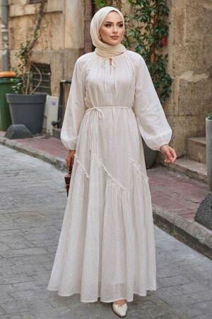 Gathered-Detail Tiered White Modest Dress 26098B - 1