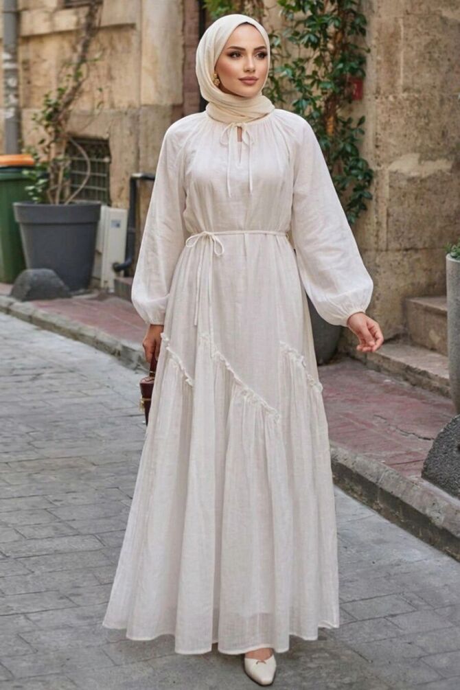 Gathered-Detail Tiered White Modest Dress 26098B - 1