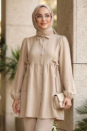 Gathered Waist Buttoned Beige Modest Tunic 51091BEJ - 1