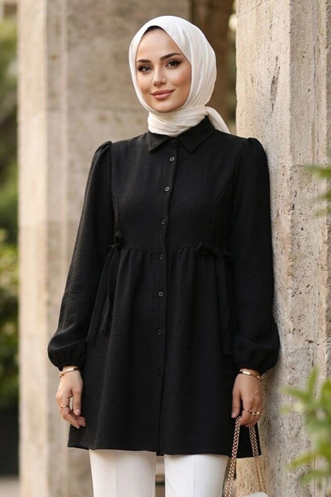 Gathered Waist Buttoned Black Modest Tunic 51091S - 1