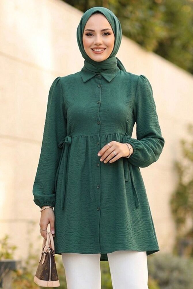Gathered Waist Buttoned Green Modest Tunic 51091Y - 1