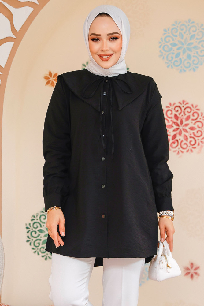 Gemici Yaka Siyah Tesettür Gömlek 70951S - NEVA STYLE
