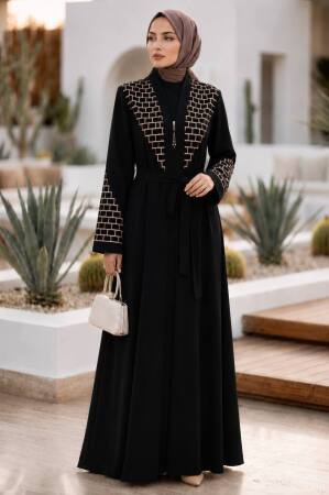 Geometric Embroidery-Detail Belted Black Beige Modest Abaya 29137SBEJ 