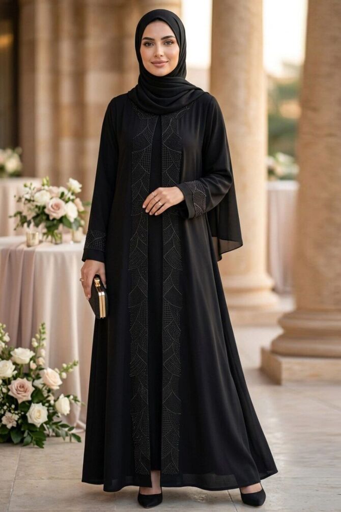 Geometric Embroidery-Detail Belted Black Modest Abaya 29142S - 1