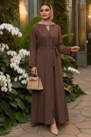 Geometric Embroidery-Detail Belted Light Brown Modest Abaya 29137AKH 