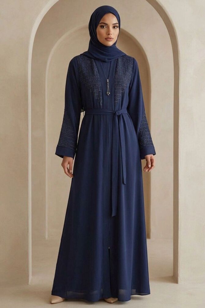 Geometric Embroidery-Detail Belted Navy Blue Modest Abaya 29137L - 1