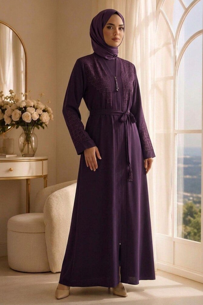 Geometric Embroidery-Detail Belted Plum Modest Abaya 29137MU - 1