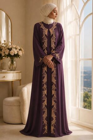 Geometric Embroidery-Detail Belted Purple Modest Abaya 29142MOR - 1