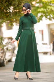 Gizli Düğmeli Yeşil Tesettür Elbise 41510Y - Thumbnail