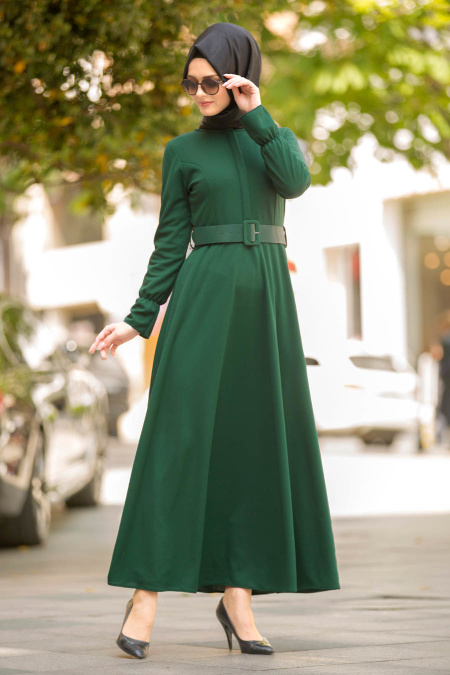 Gizli Düğmeli Yeşil Tesettür Elbise 41510Y