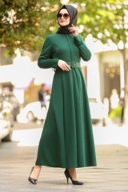Gizli Düğmeli Yeşil Tesettür Elbise 41510Y - Thumbnail
