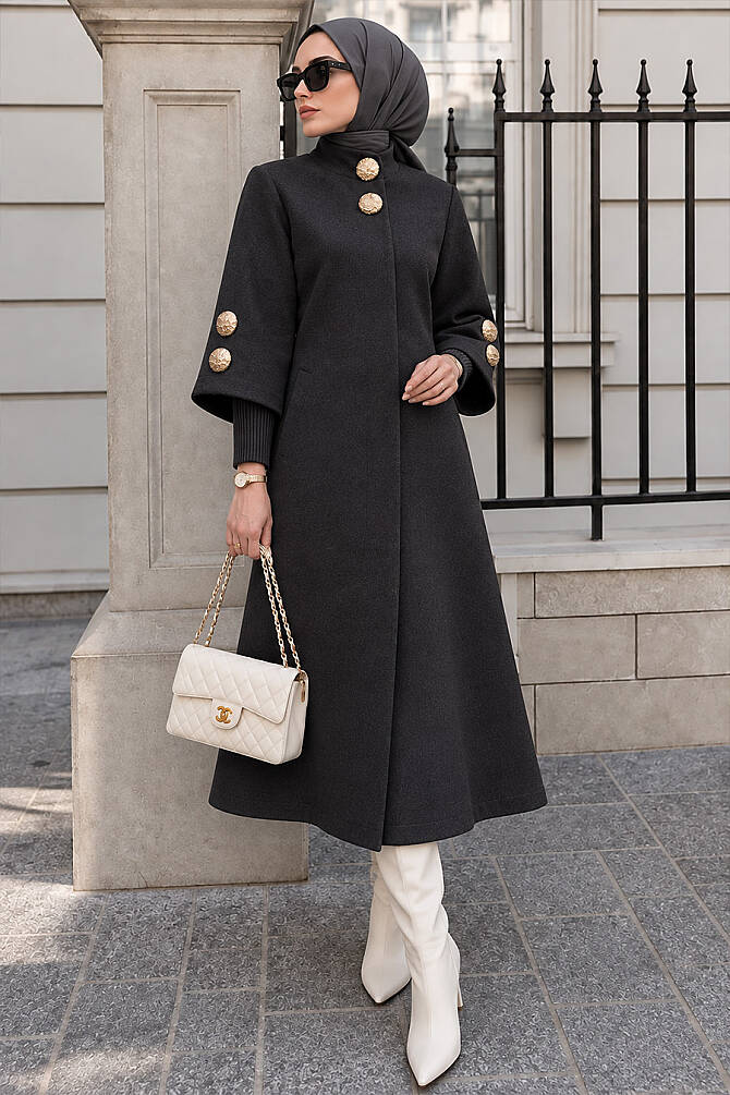 Gold Button-Detail Angora Dark Charcoal Modest Coat 63070KFU - N.S NEVA STYLE