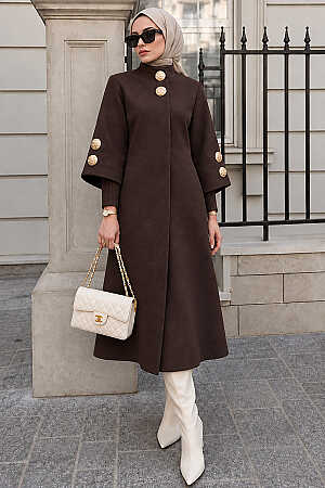 Gold Button-Detail Angora Dark Brown Modest Coat 63070KKH 