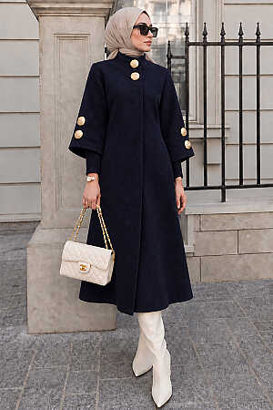 Gold Düğme Detaylı Angora Lacivert Tesettür Kap 63070L - N.S NEVA STYLE