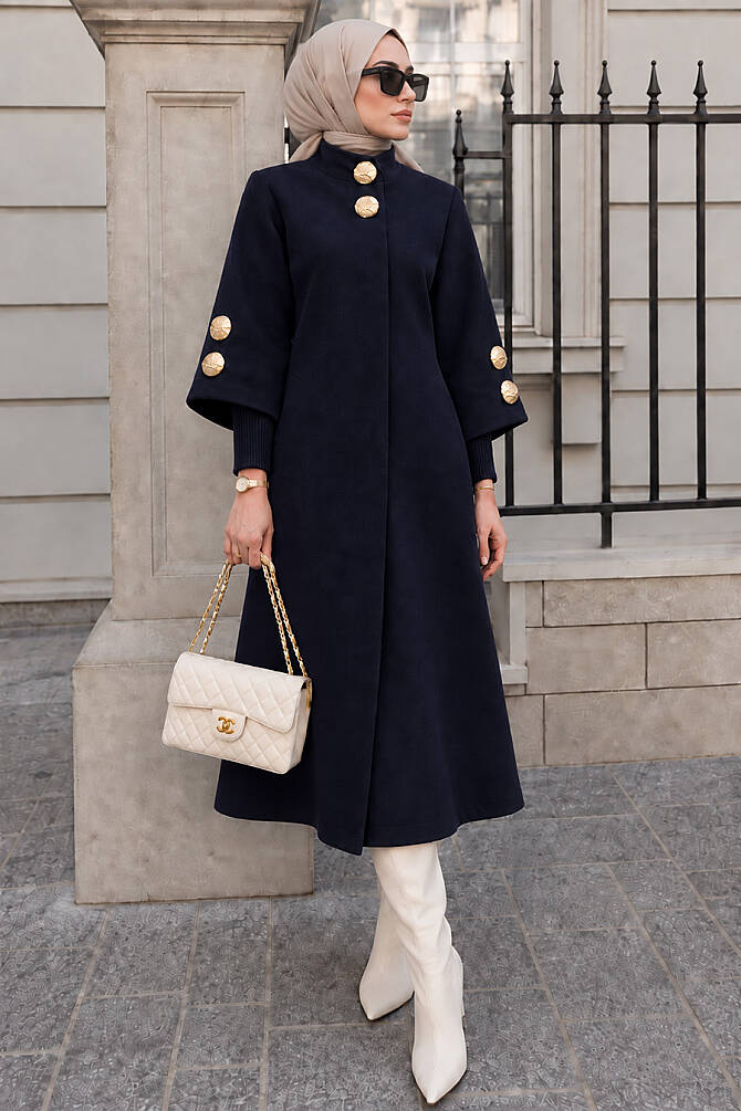 Manteau long Gold à boutons décoratifs en angora – Bleu marine 63070L - N.S NEVA STYLE