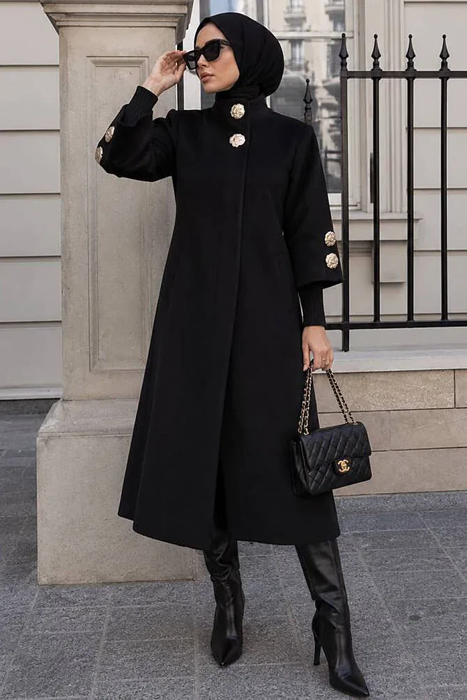 Gold Button-Detail Angora Black Modest Coat 63070S - N.S NEVA STYLE