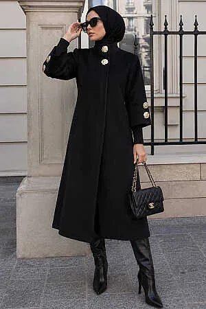 Manteau long Gold à boutons décoratifs en angora – Noir 63070S - N.S NEVA STYLE