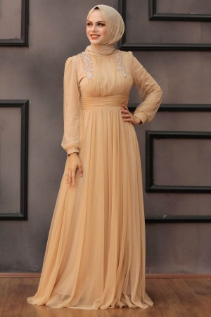 Neva Style - Long Sleeve Gold Hijab Wedding Dress 4348GOLD - 1