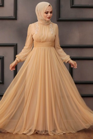 Neva Style - Long Sleeve Gold Hijab Wedding Dress 4348GOLD - 2