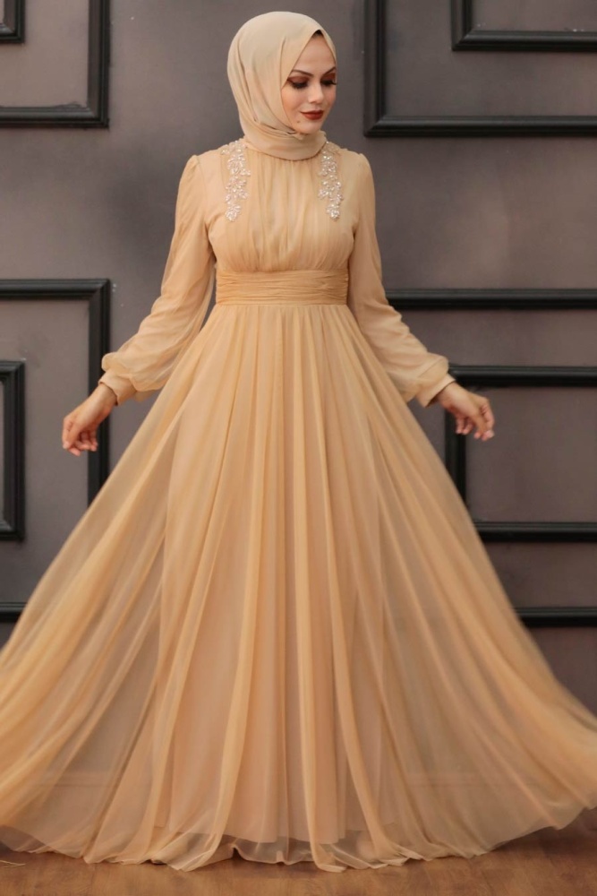 Neva Style - Long Sleeve Gold Hijab Wedding Dress 4348GOLD - 2