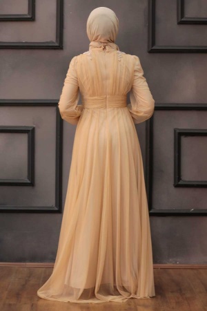Neva Style - Long Sleeve Gold Hijab Wedding Dress 4348GOLD - 4