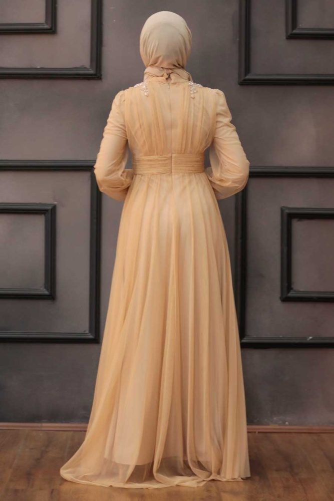 Neva Style - Long Sleeve Gold Hijab Wedding Dress 4348GOLD - 4