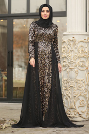 Gold - Tesettürlü Abiye Elbise - Robe de Soirée Hijab - 8710GOLD - Thumbnail
