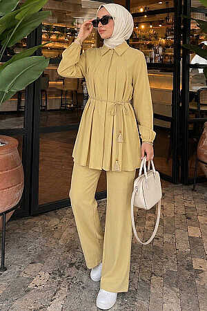 Gömlek Yaka Bağlama Detaylı Sarı Tesettür Takım 26190SR 